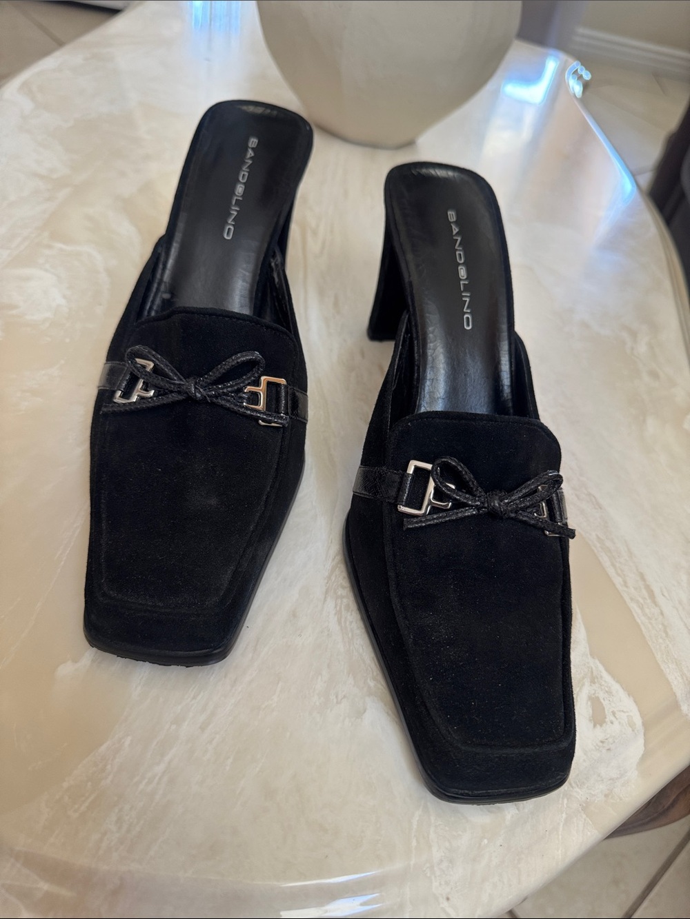 Bandolino Black Leather Square Toe Mules Heeled Slides 9